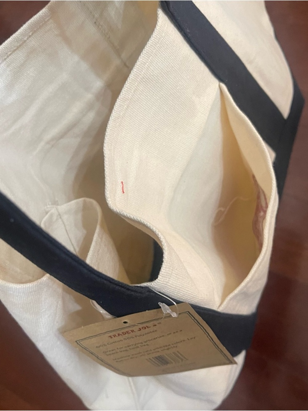 Trader Joe’s Large Canvas Reusable Tote Cream Navy Red Logo NWT - Picture 4 of 4